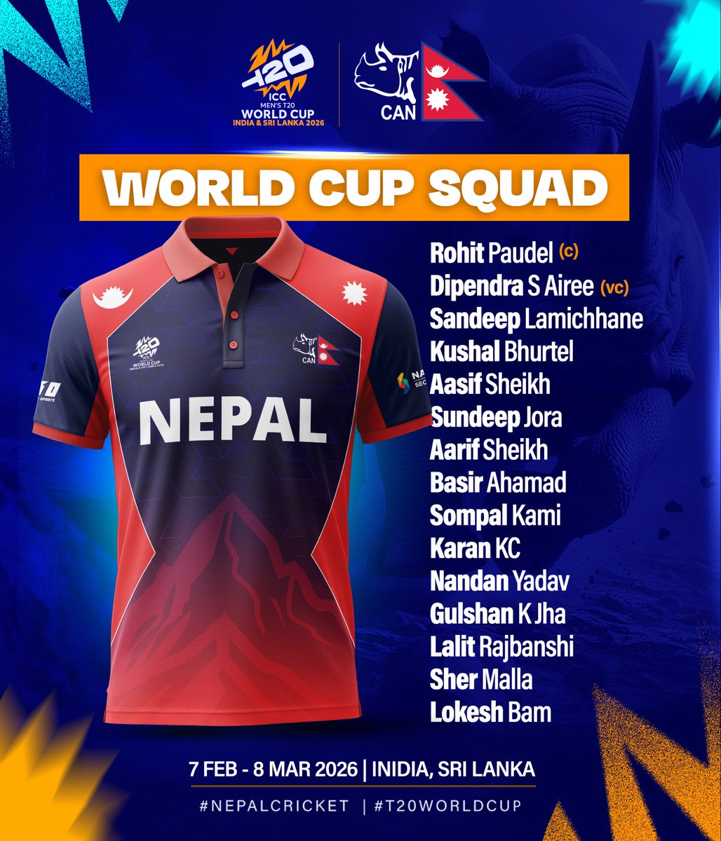 🇳🇵The #Rhinos squad for the ICC Men’s T20 World Cup is here🚨

Let’s do this, boys 🌎

#NepalCricket