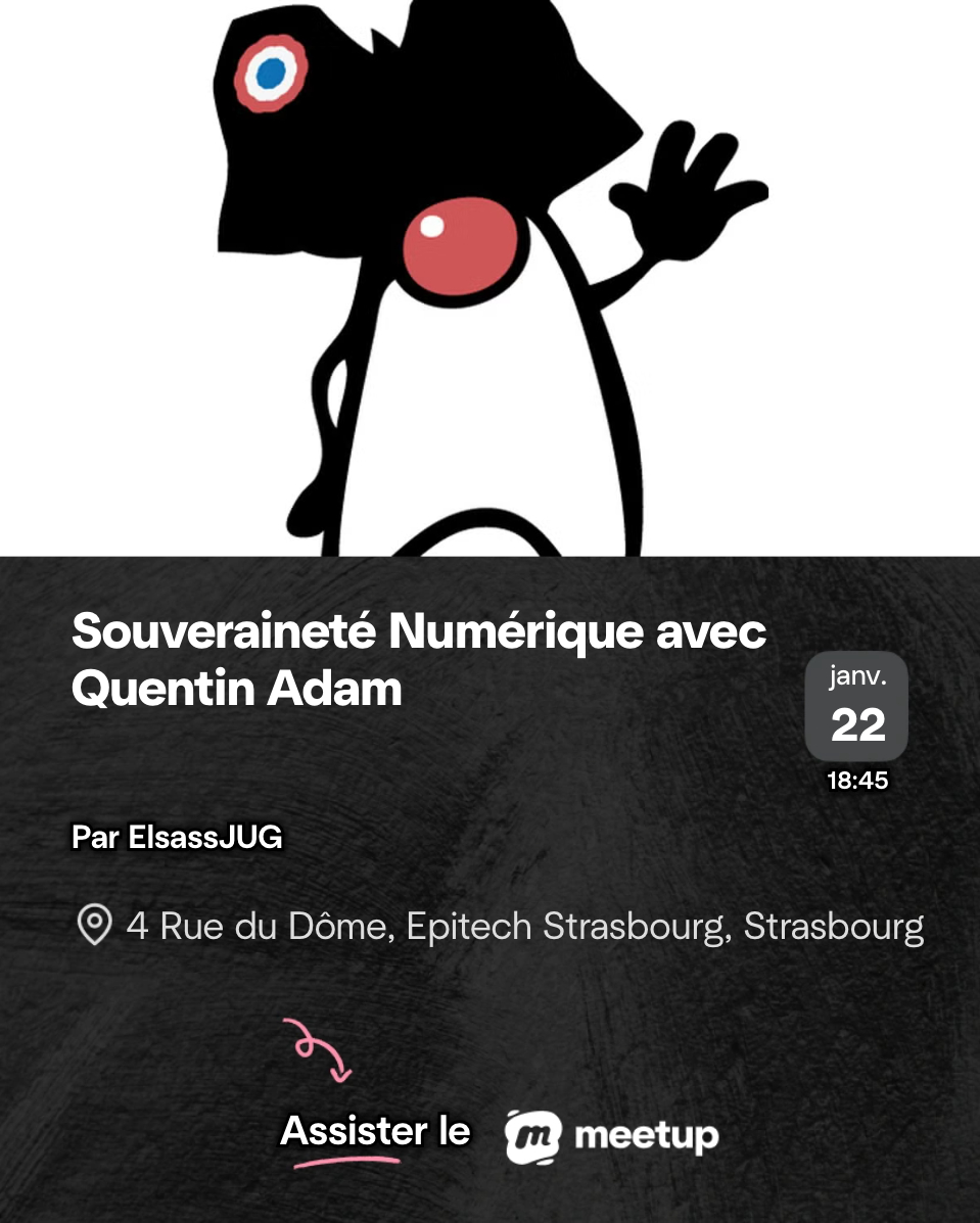 [𝗘𝗩𝗘𝗡𝗧] Et si la souveraineté numérique se construisait d’abord au contact des communautés techniques ?

C'est le sujet du talk de <a href="/waxzce/">Quentin '🐧' ADAM</a> dans le cadre de <a href="/ElsassJUG/">Elsass JUG</a> le 22 janvier prochain.

Envie d'y participer ? meetup.com/fr-fr/elsassju…

🧵👇 Thread