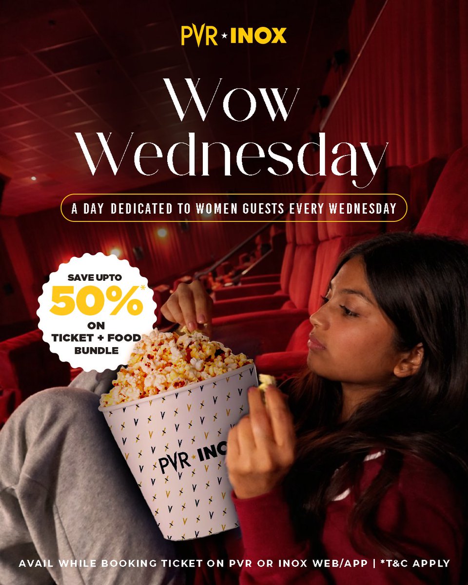 _PVRCinemas's tweet image. Ladies, step out for a delightful movie escape with our Wow Wednesday!
Enjoy up to 50% off on tickets and food bundle offers at PVR INOX. 💕
.
.
.
*T&amp;amp;Cs Apply
#WowWednesday #WomenGuests #BundleOffer #Deal #Offer
