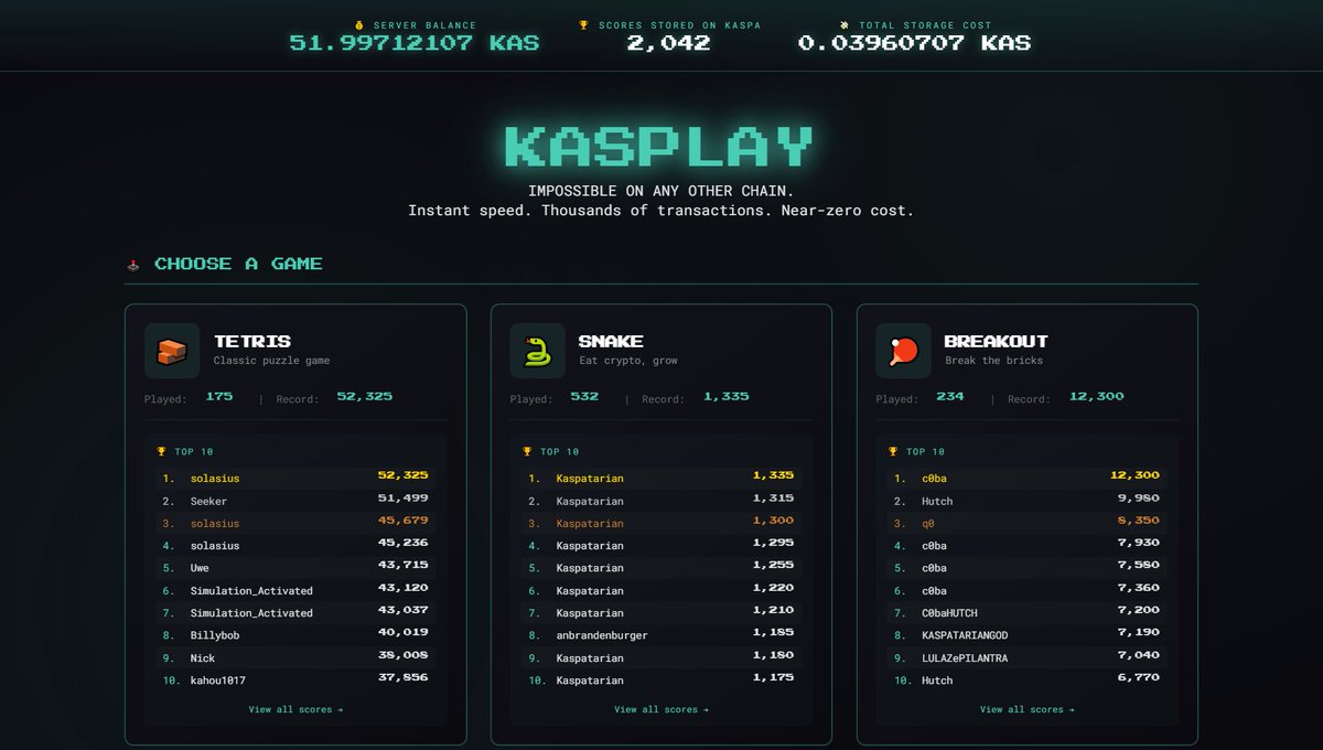 🕹 NEW: KasPlay - Arcade Games on Kaspa BlockDAG!
Play classic arcade games - with high scores and leaderboards stored immutably on-chain via Kaspa transactions.

Try it: kasplay.fun