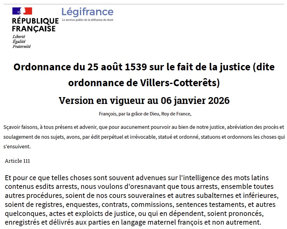 - Le <a href="/Conseil_Etat/">Conseil d'État</a> entérine le fait que l'écriture inclusive est du français.

- Réactions horrifiées : "Le <a href="/Conseil_Etat/">Conseil d'État</a> met l’ordonnance de Villers-Cotterêts (...) en PLS" car cette écriture est "illisible" !

- L'ordonnance de Villers-Cotterêts *tellement lisible en 2026* 🙃 :