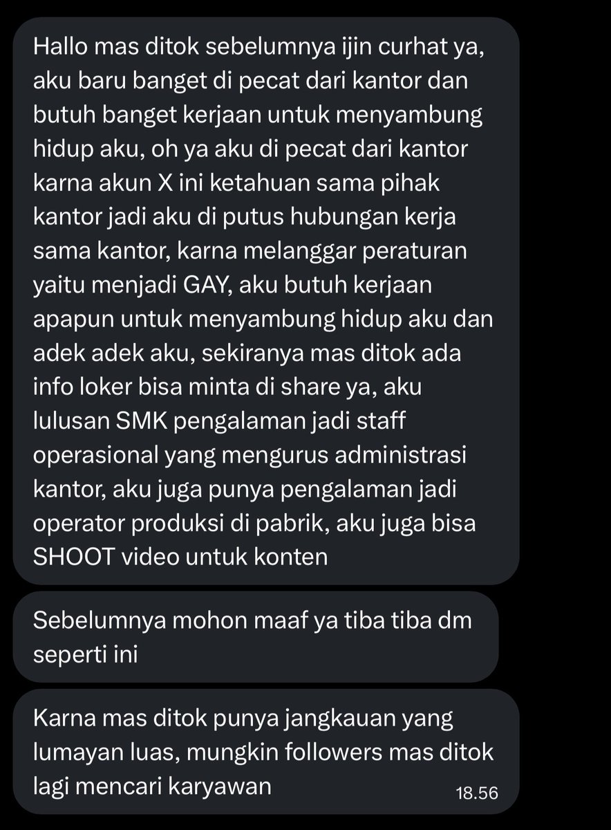 Pertama kali dpt DM case kyk gini dan jujur ga tau solusinya apa, tp mungkin di sini ada yg bisa kasih jalan keluar

Ybs minta identitasnya disensor, akunnya skrg anonim dr yg tadinya ada foto

I don’t know for sure, but is there any legal standing for this discriminatory firing?