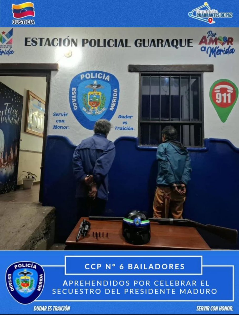 endsequera's tweet image. 🚨La policía del estado Mérida publica la detención de dos personas por “celebrar el secuestro del presidente Maduro”.