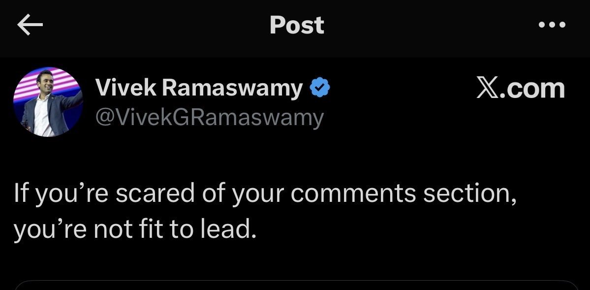 Vivek Ramas-HAMAS-shamas-mamas-bamas-wamy — unable to withstand the online criticism — deleted the Instagram and X apps from his phone on New Year’s Eve. (He stopped browsing social media personally, but his staff still posts on X.)

Republicans should take note and reject him as