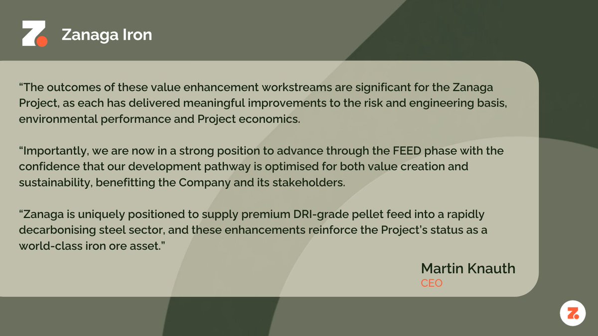 Zanaga_Iron_Ore's tweet photo. Zanaga Iron is pleased to announce the completion of its project value enhancement initiative, confirming significant value enhancement and strategic benefits across multiple areas of the Zanaga Project.

Detailed design and costing assessments were completed with industry experts across the following workstreams.

1) Product quality enhancements - DRI test work
2) Pellet plant feasibility study
3) Single 30Mtpa capacity pipeline feasibility study
4) Thickened and dry tailings facility study

The completion of these workstreams has not only improved the economic potential of the Zanaga Project but has also established a robust engineering and design foundation.

Read the full press release here ➡️ https://t.co/JtrIXhCHxP