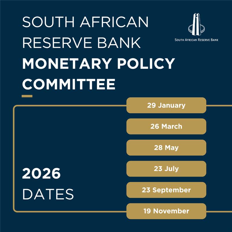 [ICYMI] Here are the 2026 Monetary Policy Committee (MPC) press briefing dates. The MPC meets six times a year to decide on the policy rate, focusing on keeping inflation at 3%. For more information, visit resbank.co.za #SARB #MPC2026