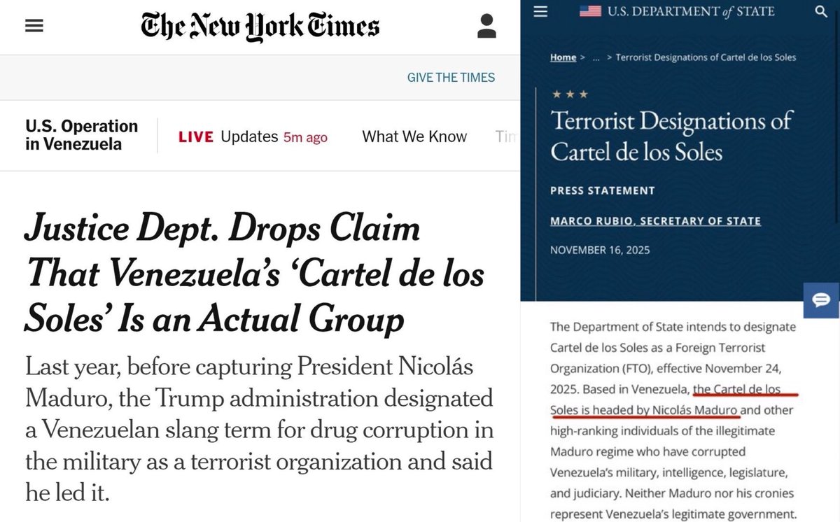 MyLordBebo's tweet image. 🇺🇸🇻🇪‼️🚨 DIRTY TRICK:

The US pulled a dirty trick to be able to grab Maduro without getting congress involved, I’d guess it’s Rubio’s plan.

That’s how this worked:

1) USA invents a new bad cartel, “Cartel de Los Soles”
2) US declares Maduro as a head of the drug trafficking…