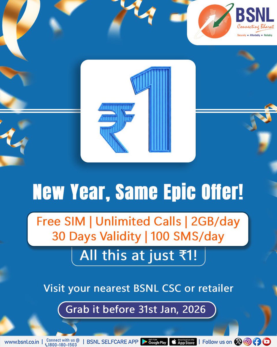 BSNLCorporate's tweet photo. Start 2026 connected with BSNL’s ₹1 Offer featuring 30 days of unlimited connectivity and 2GB daily data, 100 SMS/day, unlimited calls @ just Rs 1.

Walk into your nearest BSNL CSC or retailer today! Offer valid till 31st January, 2026.

#BSNL #DigitalBharat #BSNLOffer #RechargeNow #SwitchToBSNL