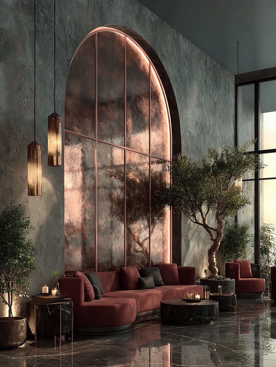 phokuinc's tweet image. Industrial Elegance Meets Urban Oasis, spatial interior design for concept co sharing lounge in Neo Art Deco aesthetic #InteriorArchitecture #ConceptDesign #moodboard