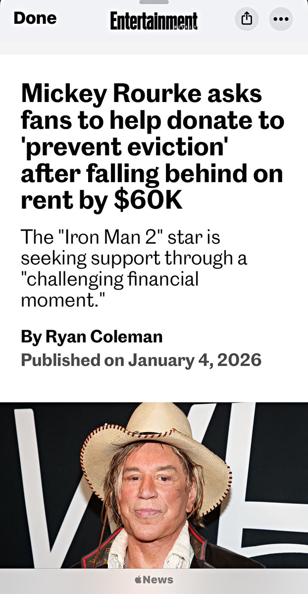 We loved many of Mickey Rourke's performances, but a celebrity who earned millions asking fans to cover $60,000 in back rent is not "community." It is entitlement. We already paid our admission fees to watch your films and you spent it. Real people tighten belts. We need less