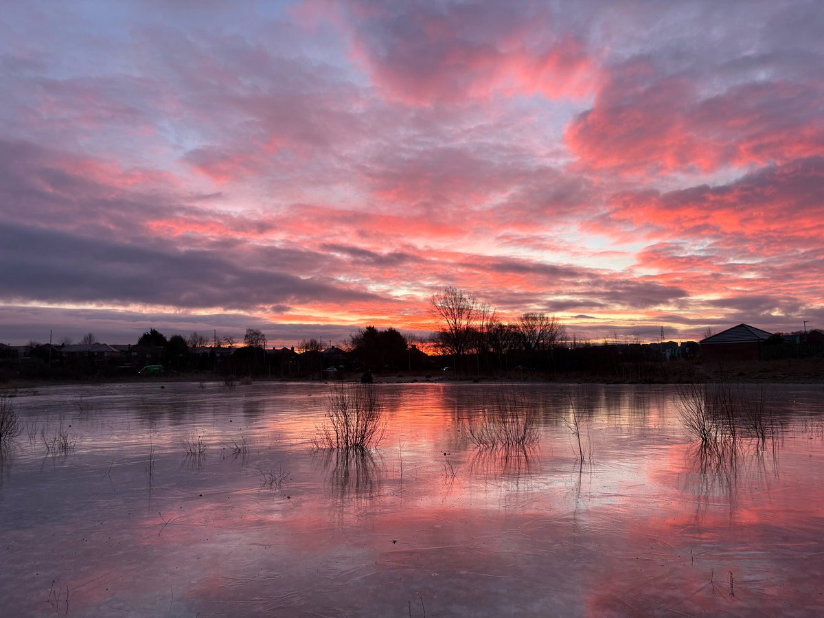 Wesenior's tweet photo. @Hudsonweather smashing colours reflecting in the frozen pond in Whitwood this morning https://t.co/Hwmllz0PFm