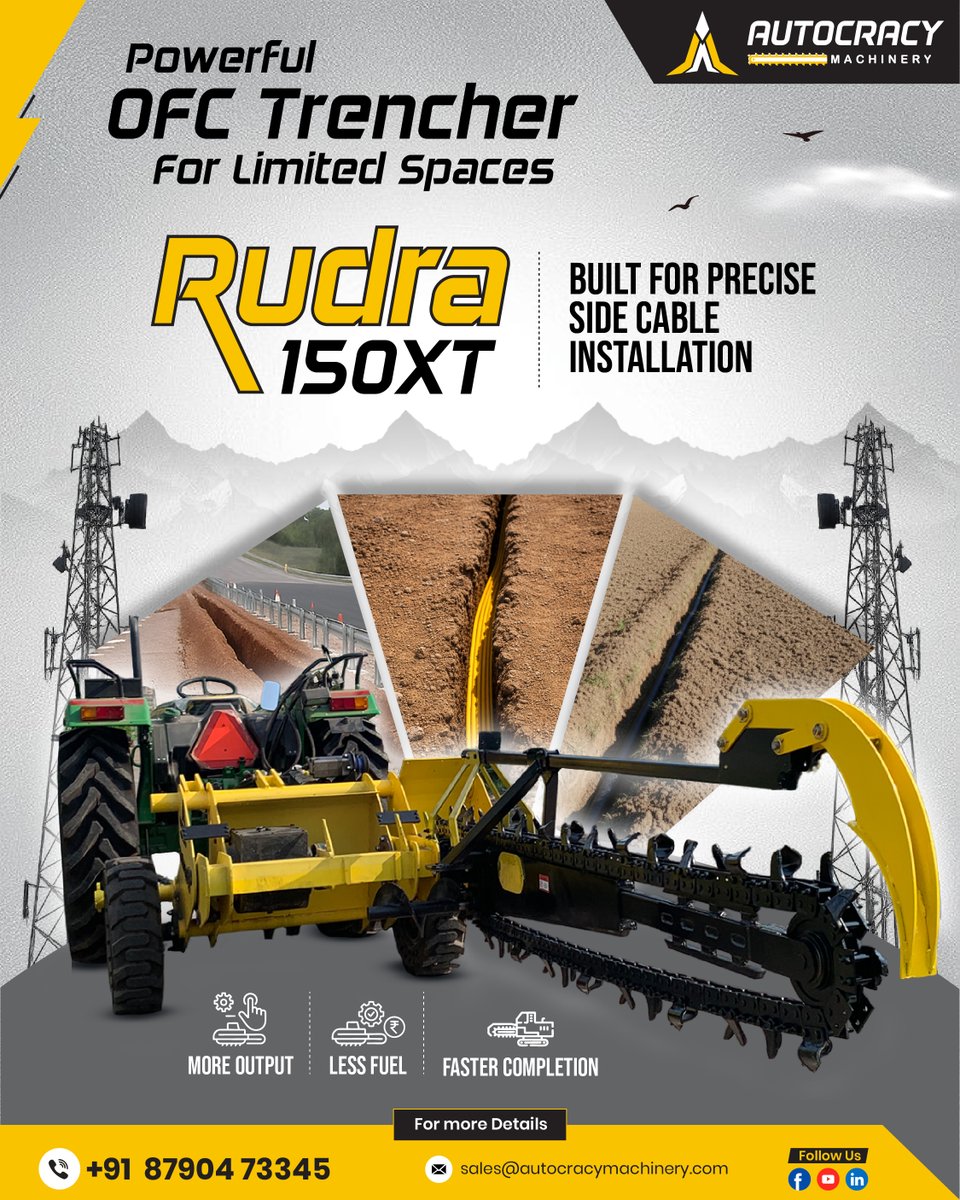 aceautocracy's tweet photo. Rudra 150XT trenches efficiently along roadsides and narrow spaces, ensuring smooth OFC cable laying with minimal disruption.
Connect With Us:
🌐 Website: https://t.co/wCrF3rkwQ2
📞 Contact Us: +91 8790473345, +91 8977032342
#Rudra150XT #OFCCable #TelecomTrenching https://t.co/rzACcooDnU
