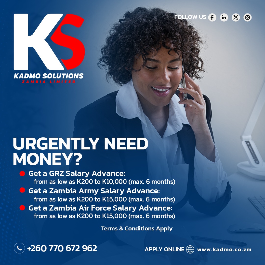 We offer urgent financial assistance at a highly competitive rate. You may obtain a Salary Advance from us up to K15,000, with a repayment term of up to six months. To apply, please visit our website at kadmo.co.zm or reach out to our sales team line +260 974226577.
