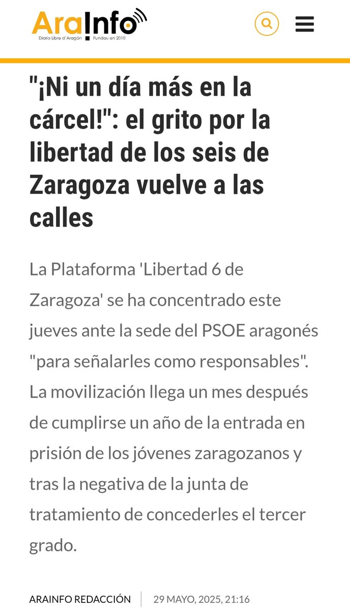 6️⃣3️⃣1️⃣ días en prisión los jóvenes antifascistas Daniel e Imad -de los #6deZaragoza- condenados por MANIFESTARSE ante la extrema derecha.
¡Son PRESOS POLÍTICOS víctimas de lawfare en la "democracia" española!

¡Gobierno .<a href="/sanchezcastejon/">Pedro Sánchez</a> .<a href="/desdelamoncloa/">La Moncloa</a> .<a href="/felixbolanosg/">Félix Bolaños</a> .<a href="/PSOE/">PSOE</a>