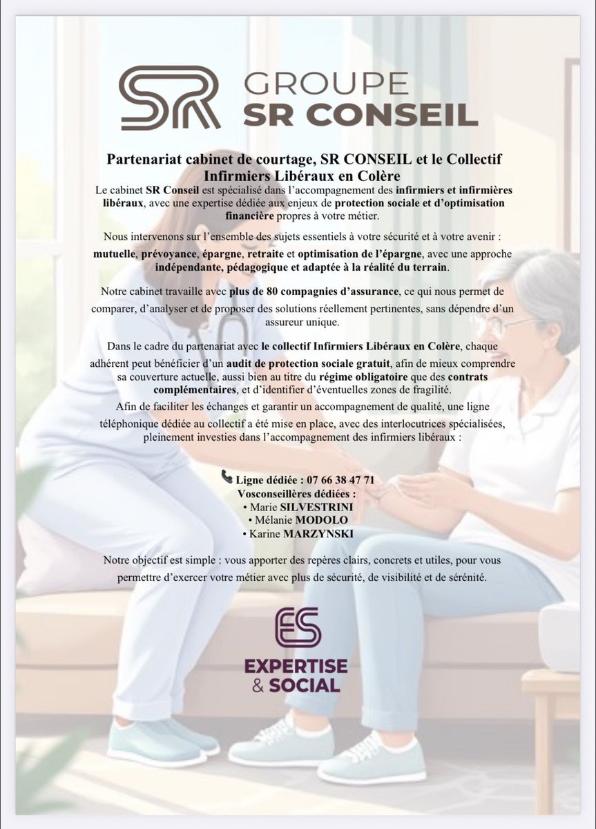 Idelencolere's tweet image. 🤝 Partenariat CILEC × SR Conseil
Audit gratuit de protection sociale pour les adhérents : mutuelle, prévoyance, retraite, épargne.
📞 Ligne dédiée avec conseillères spécialisées infirmiers libéraux.

👉 Protéger la profession, c’est aussi protéger ceux qui l’exercent.