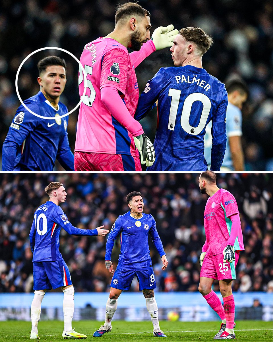 Enzo Fernandez waiting patiently for Gianluigi Donnarumma to touch Cole Palmer 👀😂