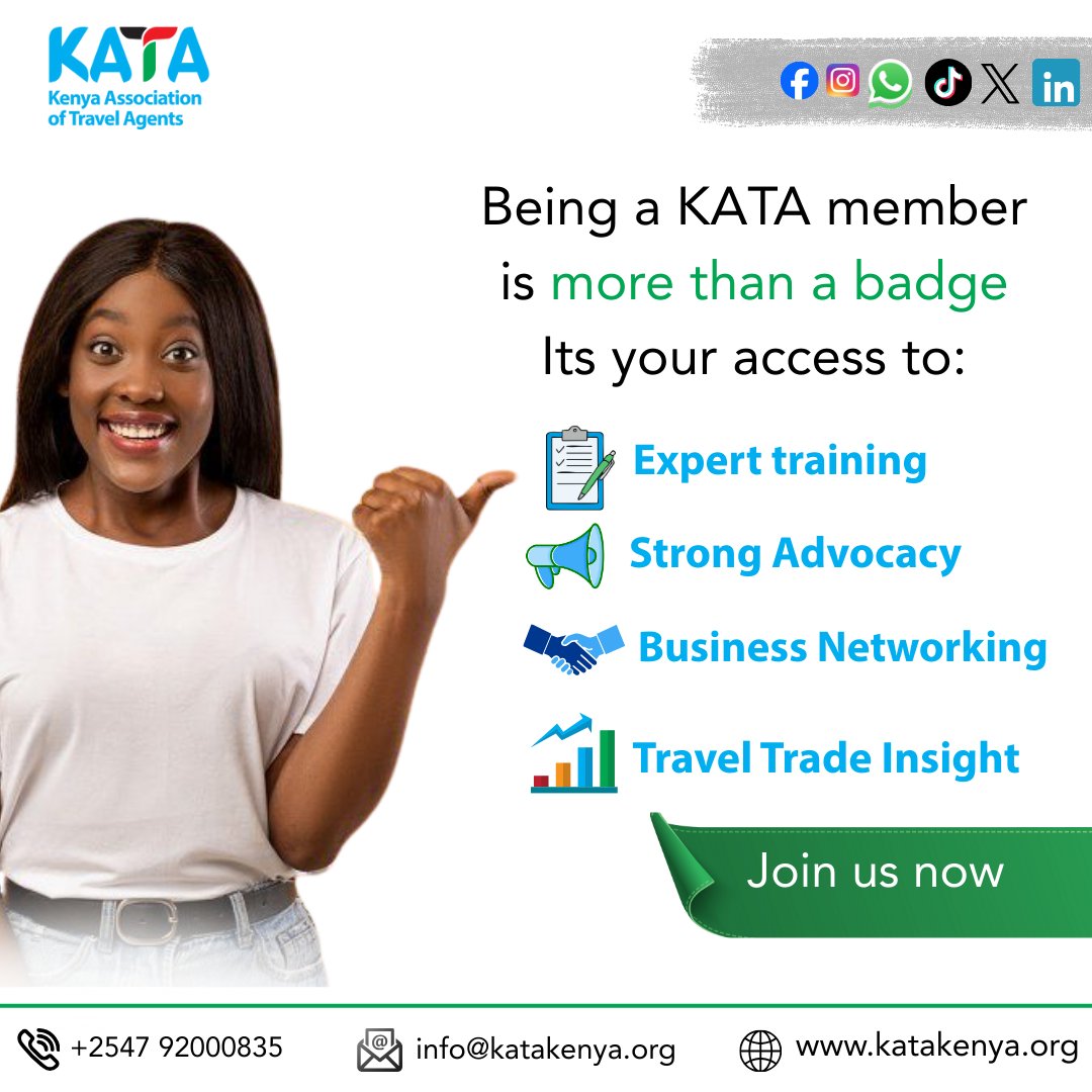 KATA membership provides travel agencies with structured support through professional training, policy advocacy, industry networking, and market intelligence — strengthening the travel trade and supporting sustainable business growth.

🔗 Learn more about membership.
#KATAKenya