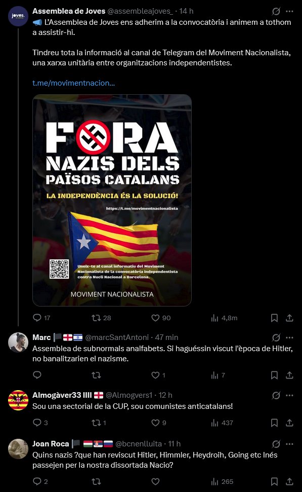 Collons tu, quan em pensava que ja ho hauria vist tot, va i surten uns quants seguidors d'Aliança Catalana i la Sílvia Orriols i es posicionen a favor dels neonazis de Núcleo Nacional i critiquen als independentistes que volen manifestar-s'hi en contra

Sí que estem cardats, sí!