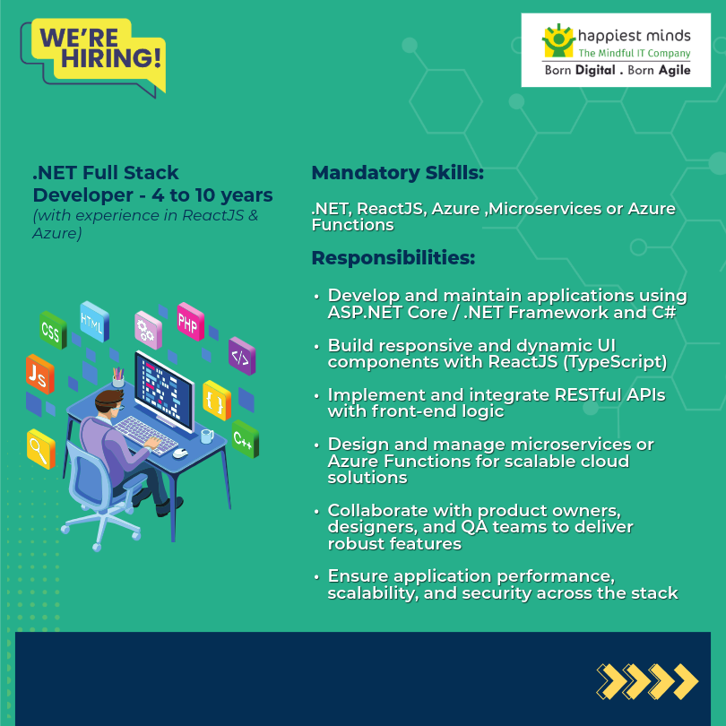 HappiestMinds's tweet photo. #Hiring .NET Full Stack Developers (4 to 10 years) with AngularJS/ReactJS & Azure expertise!
Walkโin: 10 Jan 2026 | 9:30 AM to 2:30 PM
๐Bengaluru โ https://t.co/6gr3XTv0jI
๐งcareer.microsoft@happiestminds.com
#DotNet #FullStackDeveloper #Angular #ReactJS #Azure #DotNetJobs https://t.co/27v7GwBOFa