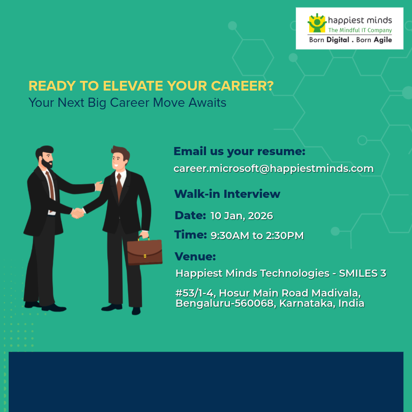 HappiestMinds's tweet photo. #Hiring .NET Full Stack Developers (4 to 10 years) with AngularJS/ReactJS & Azure expertise!
Walkโin: 10 Jan 2026 | 9:30 AM to 2:30 PM
๐Bengaluru โ https://t.co/6gr3XTv0jI
๐งcareer.microsoft@happiestminds.com
#DotNet #FullStackDeveloper #Angular #ReactJS #Azure #DotNetJobs https://t.co/27v7GwBOFa