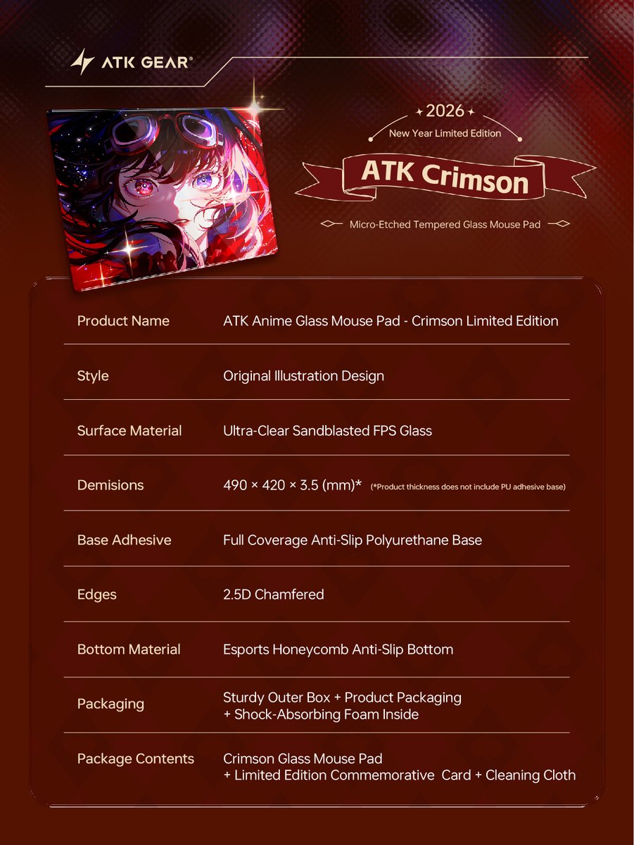 ATK Crimson Micro-Etched Tempered Glass Mouse Pad (2026 Limited