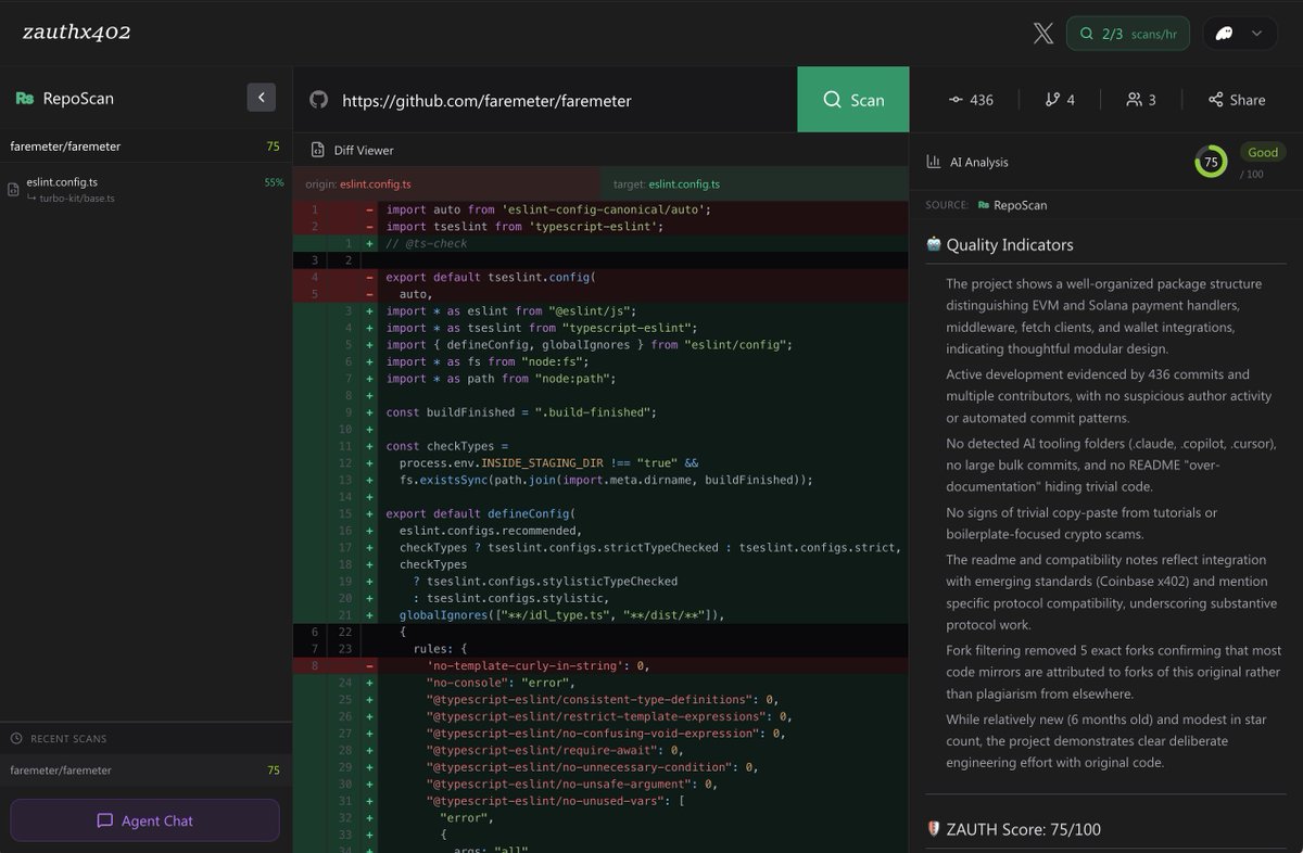 x402 shipping continues! Used <a href="/zauthx402/">zauth</a> to evaluate <a href="/faremeterxyz/">faremeter</a>, looks pretty solid considering every file was scanned.