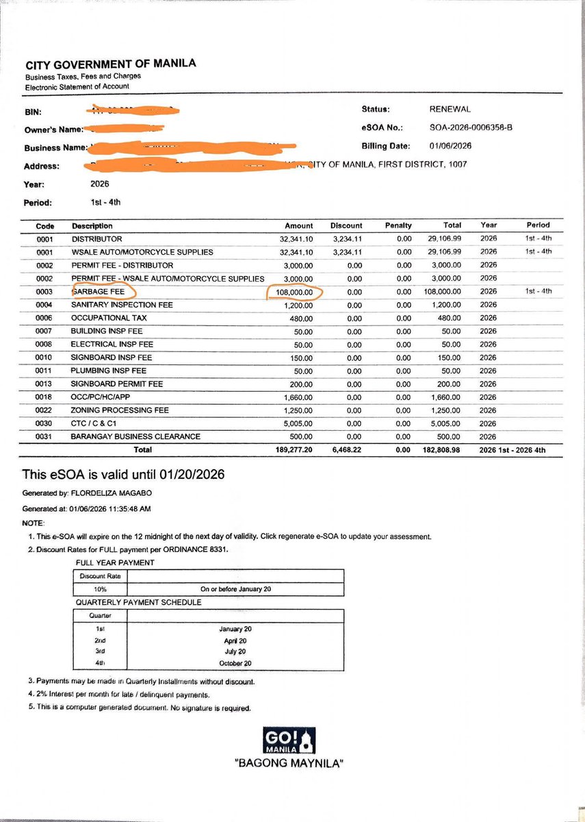 ISKO MORENO’s GOLDEN GARBAGE FEE?

Trending ngayon sa FB ang mga reklamo ng netizens from Manila about their garbage fees. May ₱31,000 to ₱60,000 to ₱81,000 — as high as ₱108,000.

Ang laki daw ng tinalon from yung lumang fees nila na ₱100-200 daw nuon.

Ang dahilan? Nagpasa