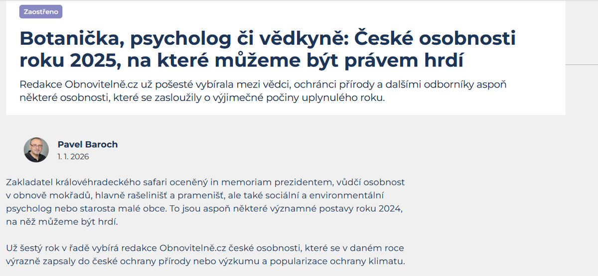 JanKrajhanzl's tweet photo. Když jsem si otevíral článek "Botanička, psycholog či vědkyně: České osobnosti roku 2025, na které můžeme být právem hrdí" na @obnovitelne, nečekal jsem, že tam najdu své jméno – a opět v tak úžasné společnosti. 

Opět potřebuji zopakovat to, co pokaždé: zásluhy míří za @2050Institut a to přece nejsem jen já, ale také @tomaschabada, Zdeňka Lechnerová, @renata_svobod, Tereza Modráková, @protivinsky a další. 

Redakci @obnovitelne za ocenění naší práce mockrát děkuji!

Odkaz na všechny osobnosti i nejmediálnější zvíře roku ;) najdete v prvním komentáři ⬇️