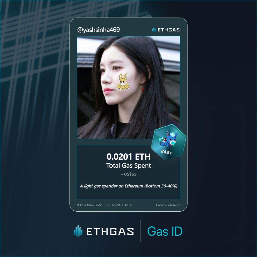 yashsinha469's tweet photo. Leveled up in the Great Gas Reckoning with ETHGas! 💪

Baby Jack status: 0.0201 ETH gas spent, 4 Beans earned—supporting the Gasless Future!

Claim your Gas ID at https://t.co/Y7f3avfTio https://t.co/Q81LzBdCh3