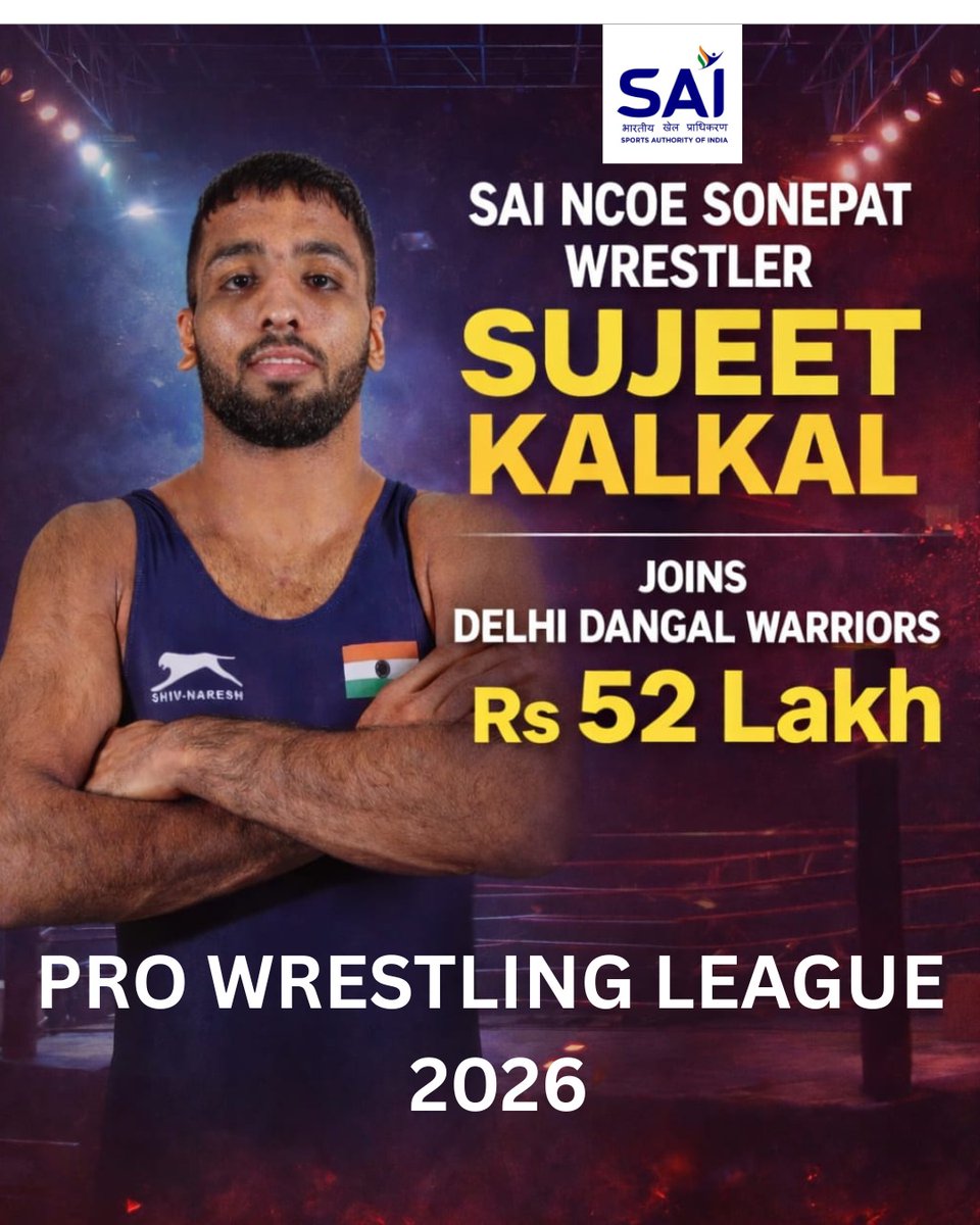 🔥 Sujeet Shines! 
SAI NCOE Sonepat salutes U23 World Champion Sujeet Kalkal, picked by Delhi Dangal Warriors as the Most Valuable Indian Wrestler at the Pro Wrestling League 2026 auction! 🌟
Here’s to dominance on the mat — make us proud! 🏆🇮🇳
#PWL2026 #wrestling #indiansports