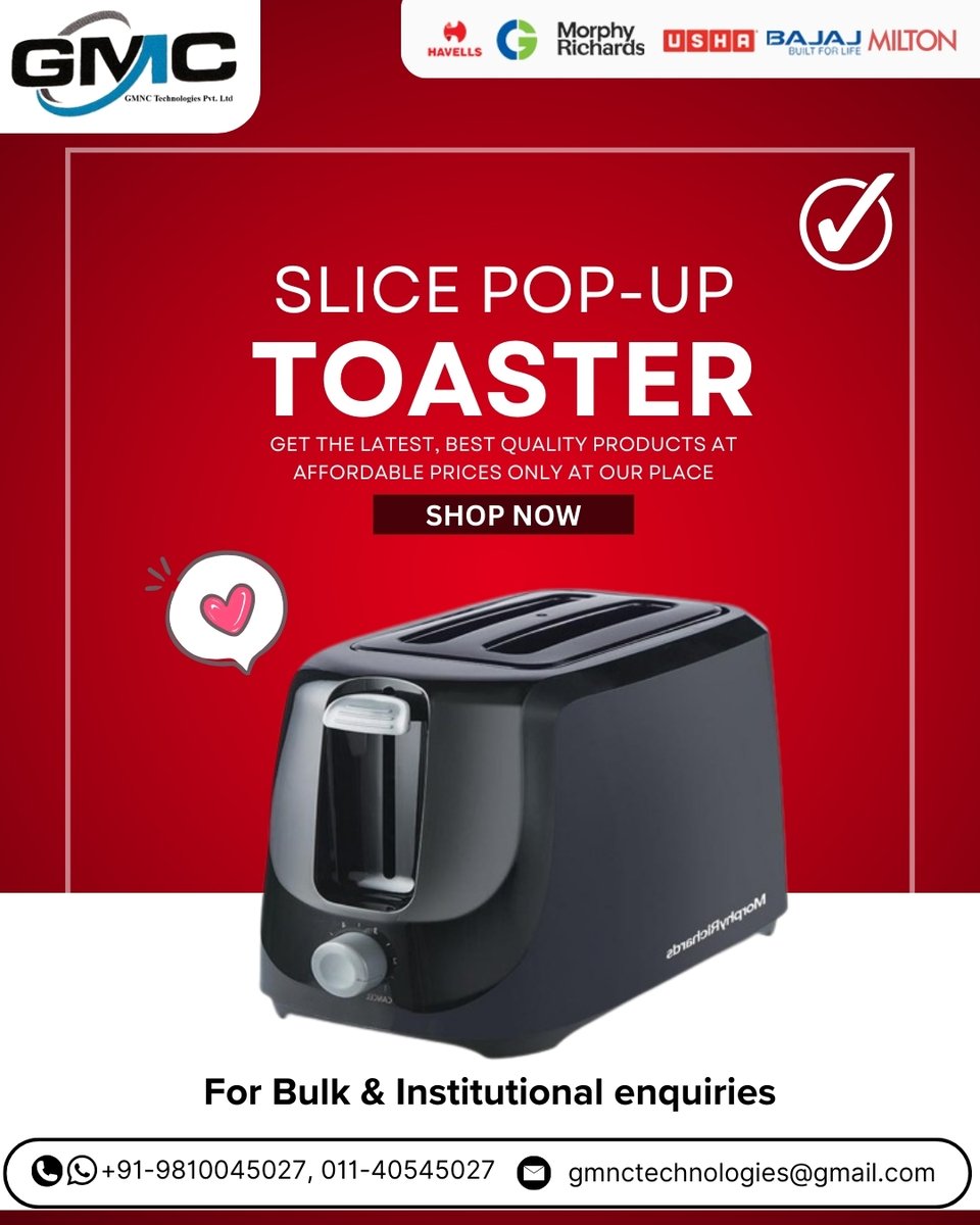 thegmnctech's tweet image. 🍞✨ Slice Pop-Up Toaster
Start your mornings right with perfectly toasted bread.

📞 +91 98100 45027, 011-40545027
📧 gmnctechnologies@gmail.com

#gmnctechnologies #PopUpToaster #KitchenAppliances #SmartKitchen #BreakfastMadeEasy #HomeEssentials #BulkEnquiries #Institutional