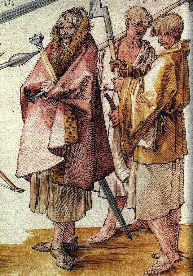 Tom_Rowsell's tweet image. Got into the Viking haircut argument only a month ago! Seems to come up frequently!

The haircuts of the irish men in this picture by Albrecht Dürer, 1521, resemble descriptions of Viking haircuts from 500 years earlier. It seems this style remained in fashion among Norse-Gaels