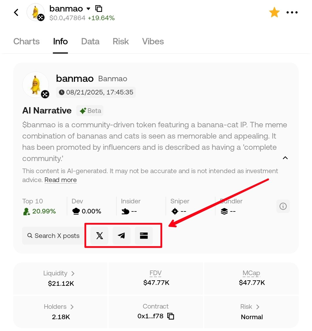 🐱🍌 $BANMAO 大消息！🚀

非常感谢 @OKX 和 <a href="/OKXHelpDesk_cn/">OKX中文客服</a> 钱包团队的超级高效支持！🔥🔥

现在在 OKX Web3 钱包里，$BANMAO 已经成功添加官方链接：banmao.fun 以及 X ( Twitter ) 和 Telegram！💎