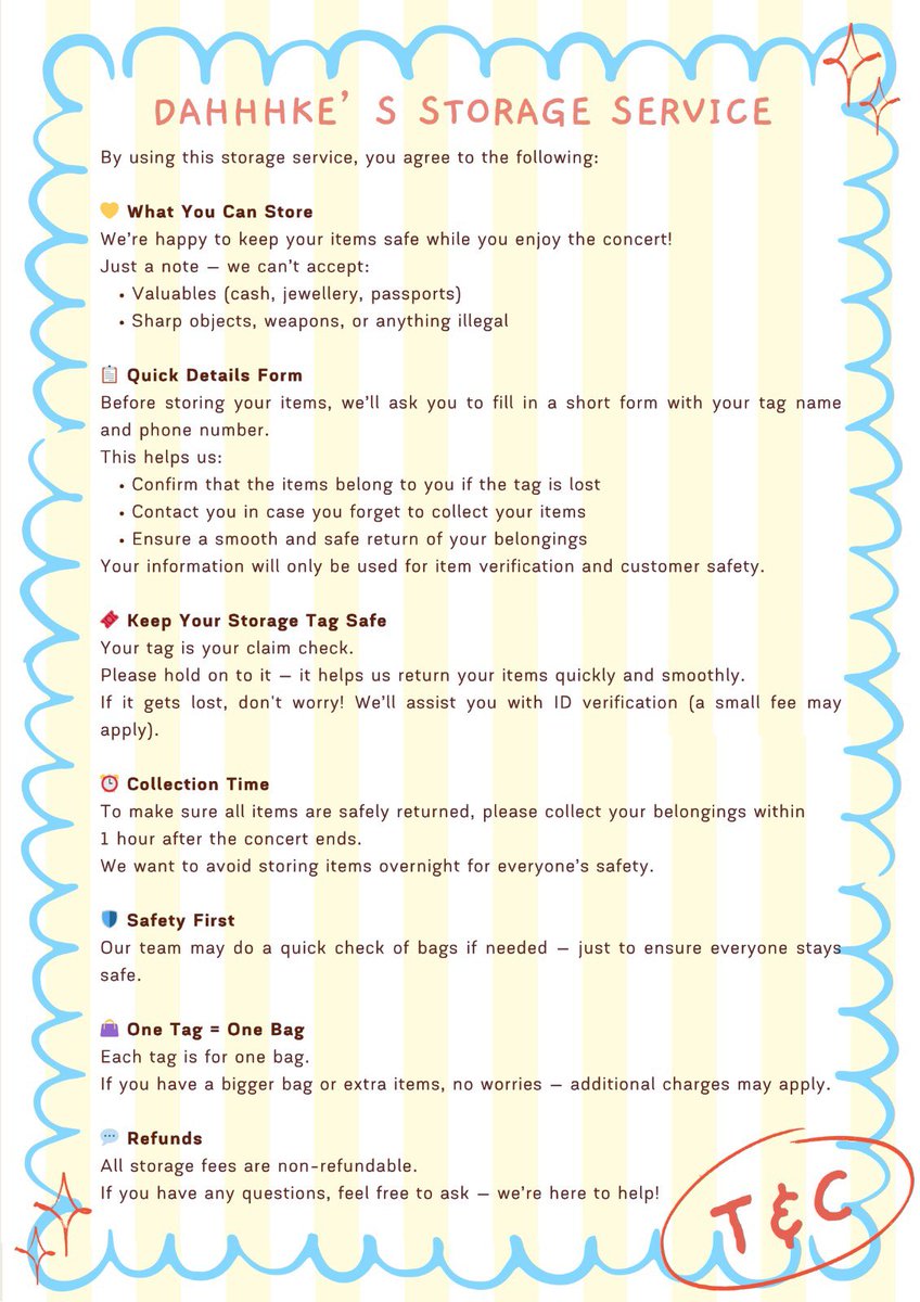 dahhhke's tweet image. Hi! Me and my friends ada buat item storage service for #Legacy30SitiNurhaliza

We’ll be outside the venue from 11AM sampaai concert habis 🤭 Just drop your bags with us and we’ll keep it safe! 

Boleh simpan botol, bag telekung, any sort of things with us
Check our T&amp;amp;C below 🩵