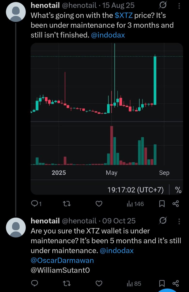henotail's tweet photo. @OscarDarmawan @0xlenster Ijin share pak terkait maintenance % pump. Sejak mei 25 (smpi agustus 25), XTZ maintenance. Saat maintenance, nilai nya pump. Udah umstake tp ga bsa kirim ke wallet indodax. Tiket 2689161 https://t.co/cLecRV3aVE