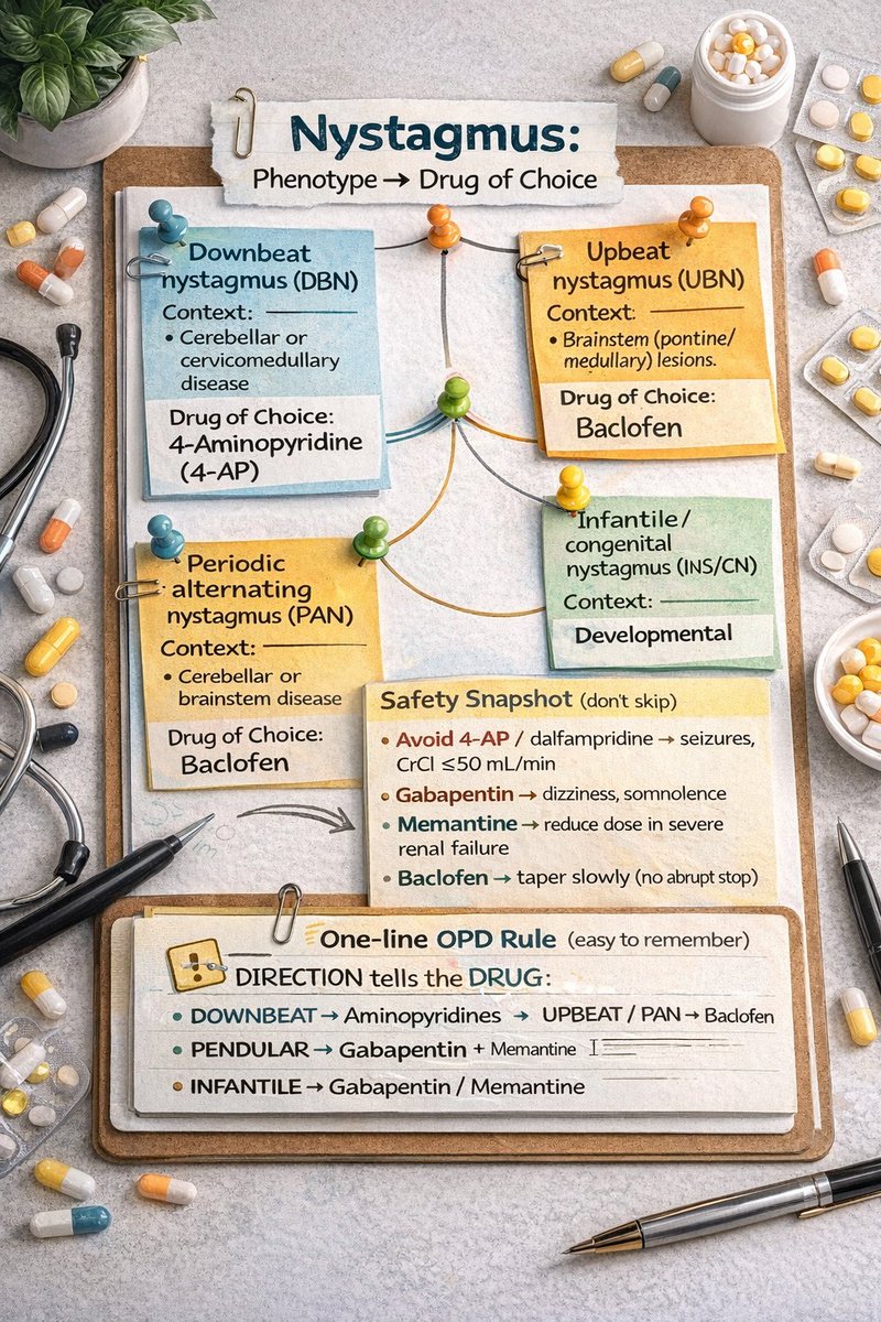 SikandarAdwani's tweet photo. If you can name the nystagmus, you can name the drug.

Downbeat. Upbeat. Pendular.

Each pattern has a preferred medicine.

#Neurotwitter #Medtwitter https://t.co/KQoYr7XWYq