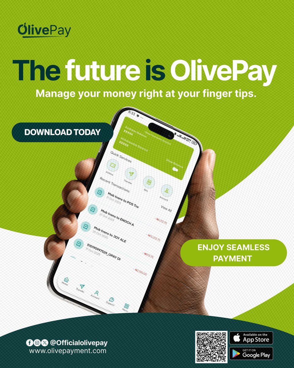 olivepayment's tweet photo. Manage your money at your fingertips and leave "pending" transactions in the past. 
The future is OlivePay. Seamless, secure, and built for you.

​📥 Download today on App Store and Play Store ✅ 

 The future is here. Are you in? 💚
​#OlivePay  #InstantPayments #Fintech https://t.co/W8aPRW63hW