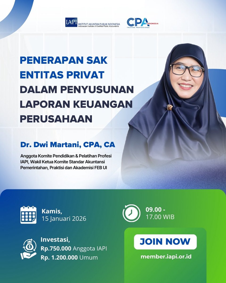 iapi_official's tweet image. Pahami Penerapan SAK Entitas Privat dalam Penyusunan Laporan Keuangan Perusahaan melalui PPL Online IAPI

Jadwal : Kamis, 15 Januari 2026
Pukul : 09.00 - 17.00 WIB (Via Zoom)

Dapatkan 8 SKP Akuntansi Terstruktur
Daftar Sekarang!
Pendaftaran: member.iapi.or.id
