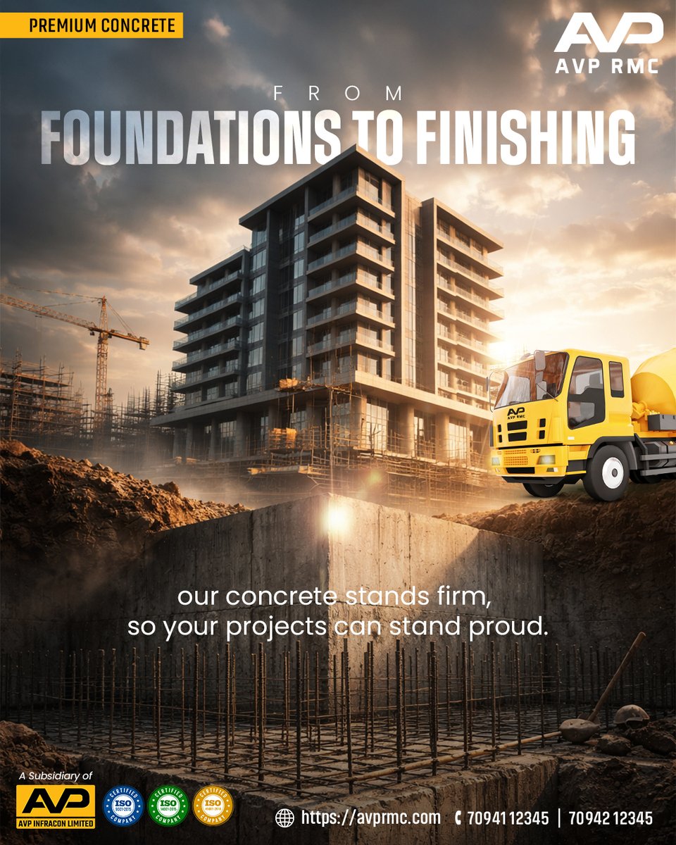 From the strongest foundations to the final finishing touch, our concrete is engineered to stay firm, durable, and dependable.
Visit: avprmc.com

Contact: +91 70941 12345, +91 70492 12345

#Concretestrength #Buildwithquality #Constructionsolutions #Trustedbyengineers