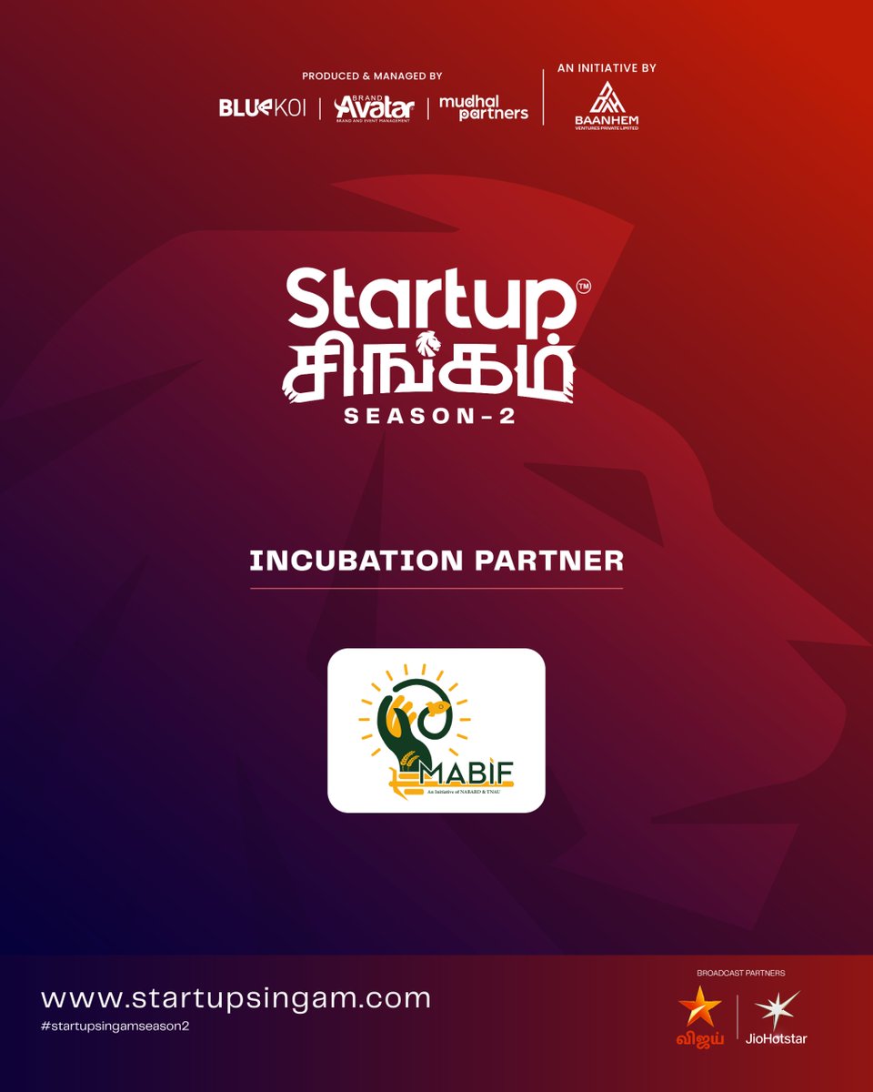 We are pleased to share that NABARD Madurai Agribusiness Incubation Forum (NABARD MABIF) has joined as the Incubation Partner for Startup Singam – Season 2!