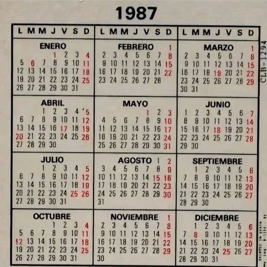 Sino tenéis calendario del 2026 os dejo este de 1987.