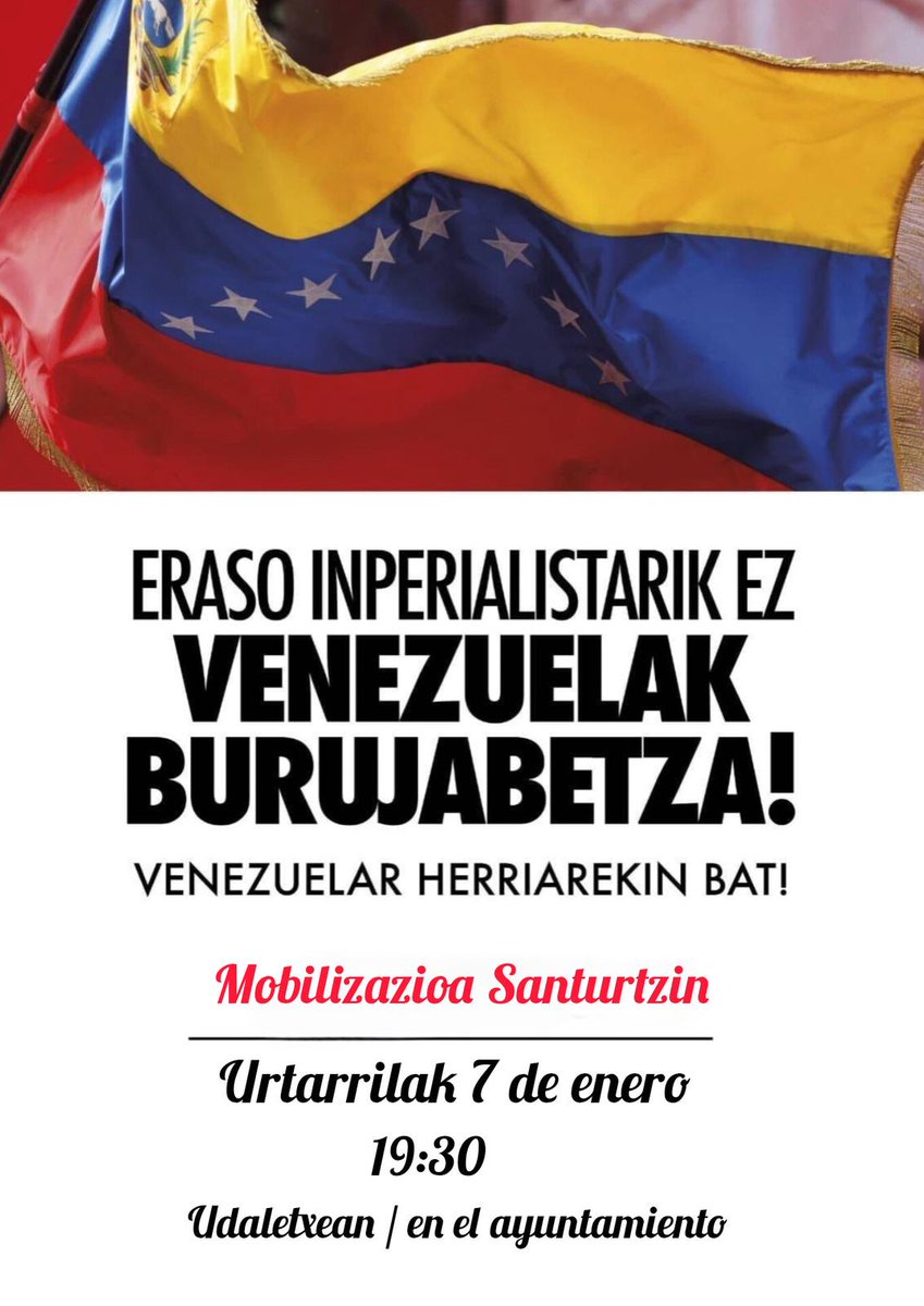 Ezkerraldea Antifaxista se suma a la movilización convocada para mañana miércoles en Santurtzi en defensa de la Revolución Bolivariana, el presidente Nicolás Maduro y contra el imperialismo.