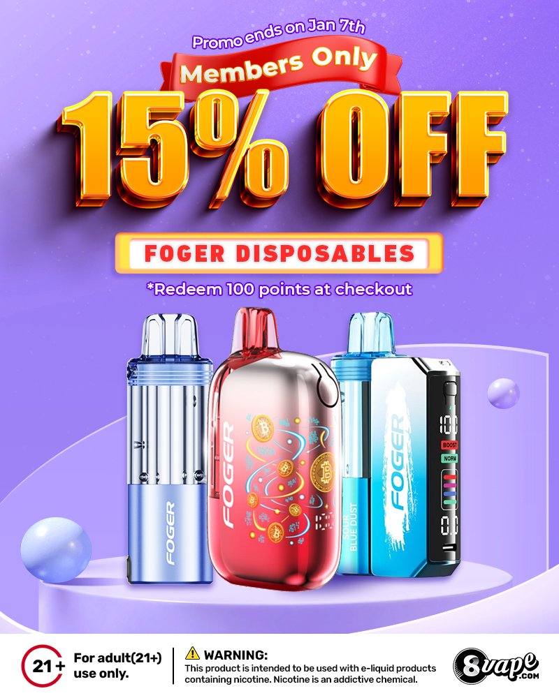 🔥 Members Only | 15% OFF Foger Vape 🔥
Jan 6–7 only! Stock up on Foger Vape with an exclusive 15% member discount 💨
Smooth hits. Bold flavors. Limited time!
👉 eightvape.com/product-catego…
#EightVape #FogerVape #VapeDeals #MemberExclusive 💥💨