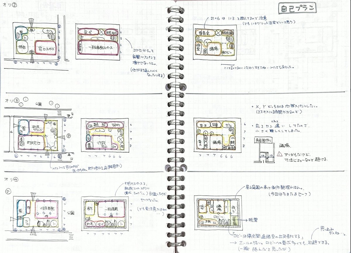 sugar_merungue's tweet photo. 教材整理しててノートあったから載せる❗️

今年1番よかった製図勉強これ。
・課題の敷地、与条件整理
・1/1000で解答例トレース&amp;色分け
・スパン割、ヘリアキ確認
・ゾーニングとコア位置の確認

解答例ver.と自己プランver.作って気になったことを青字で記載 https://t.co/YLYQu8pZve
