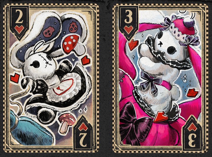 A new Plushie Dreadfuls Playing Card Deck is being illustrated by <a href="/OmriKoresh/">Omri Koresh</a> and the theme of this one will be 🖤 ALICE IN WONDERLAND 🖤 

He's been playing around with different art styles. This one looks really cool to me. What do you think?