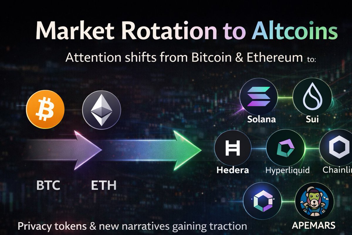 captainfunone's tweet image. Noticing an early market rotation 👀

Capital and attention seem to be moving:
BTC &amp;amp; ETH → select altcoins

Mix of:
• Established networks (SOL, LINK, XMR, DOT)
• Newer narratives (Sui, Hyperliquid, APEMARS)

Still early, but interesting to watch.