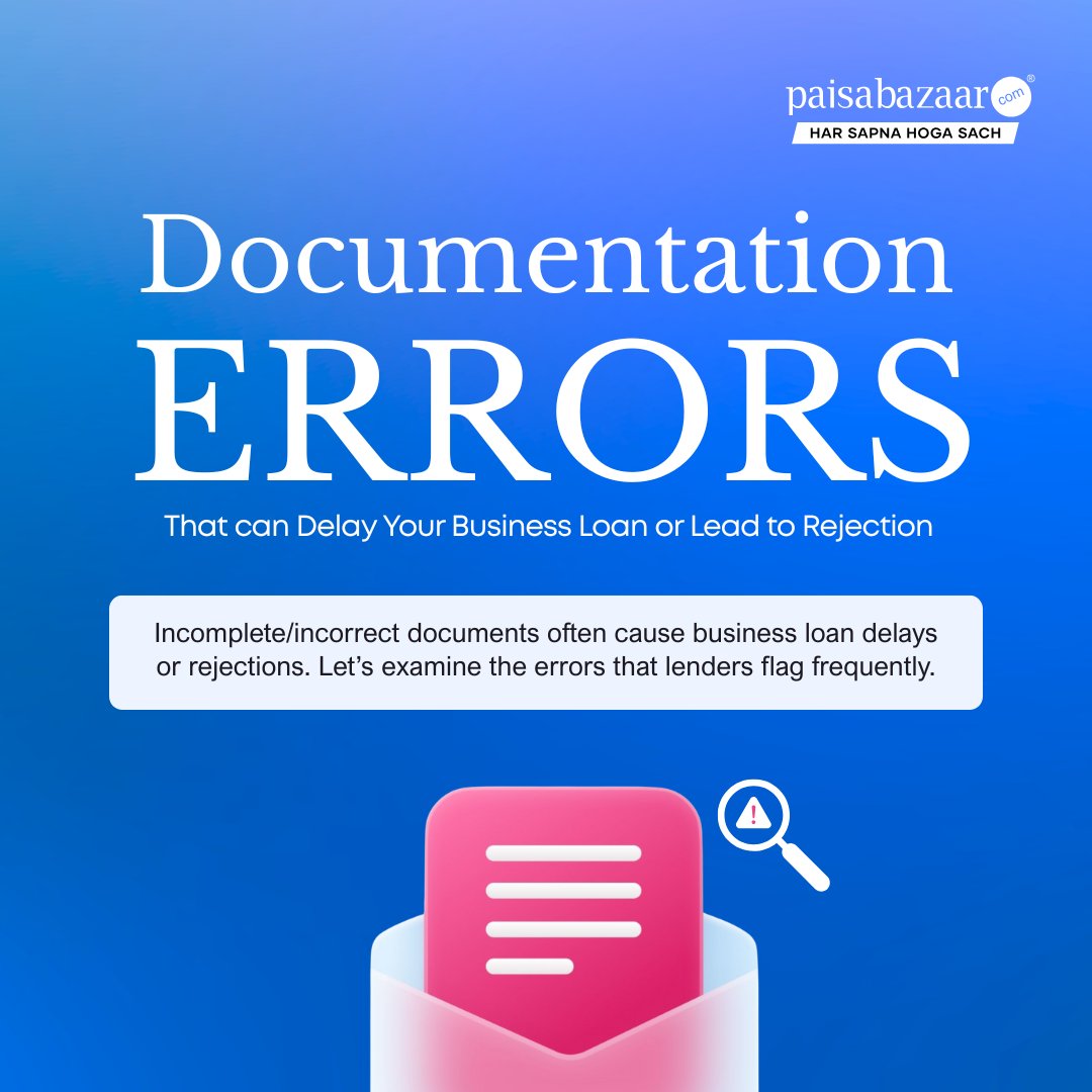 PaisaBazaar_in's tweet image. Incomplete or incorrect documentation can delay your business loan—or even lead to rejection. 🚫📄 
Know the common mistakes lenders flag and avoid last-minute hassles.
#BusinessLoan #FinancialTips #SME
(1/6)