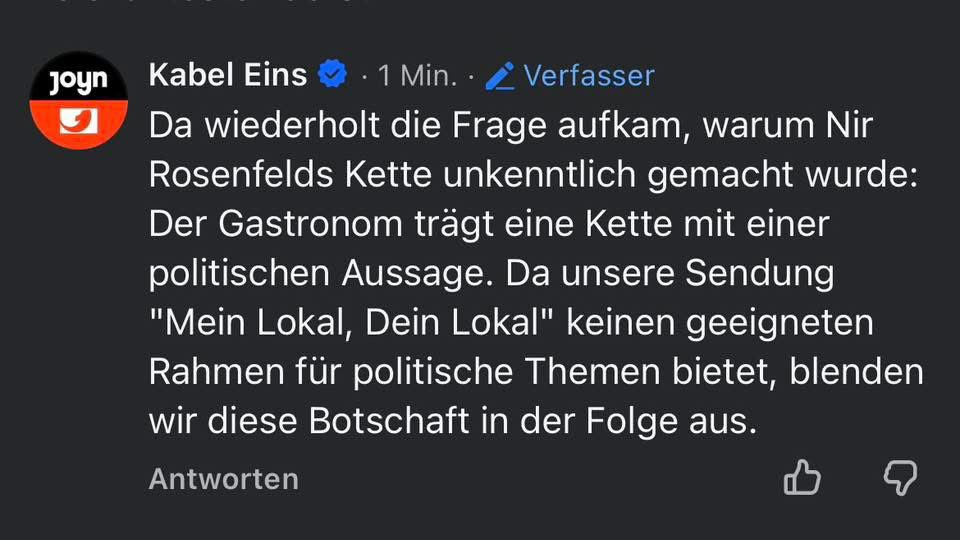 WolfMalca's tweet image. Nein, @kabeleins, 
die #BringThemHome-Plakette, die 
Nir Rosenfeld in der Sendung „Mein Lokal, Dein Lokal“ trug und die Sie unkenntlich gemacht haben, war keineswegs eine „politische Aussage“.

Diese Plakette diente lediglich dazu, an von der Hamas in Gefangenschaft genommene…