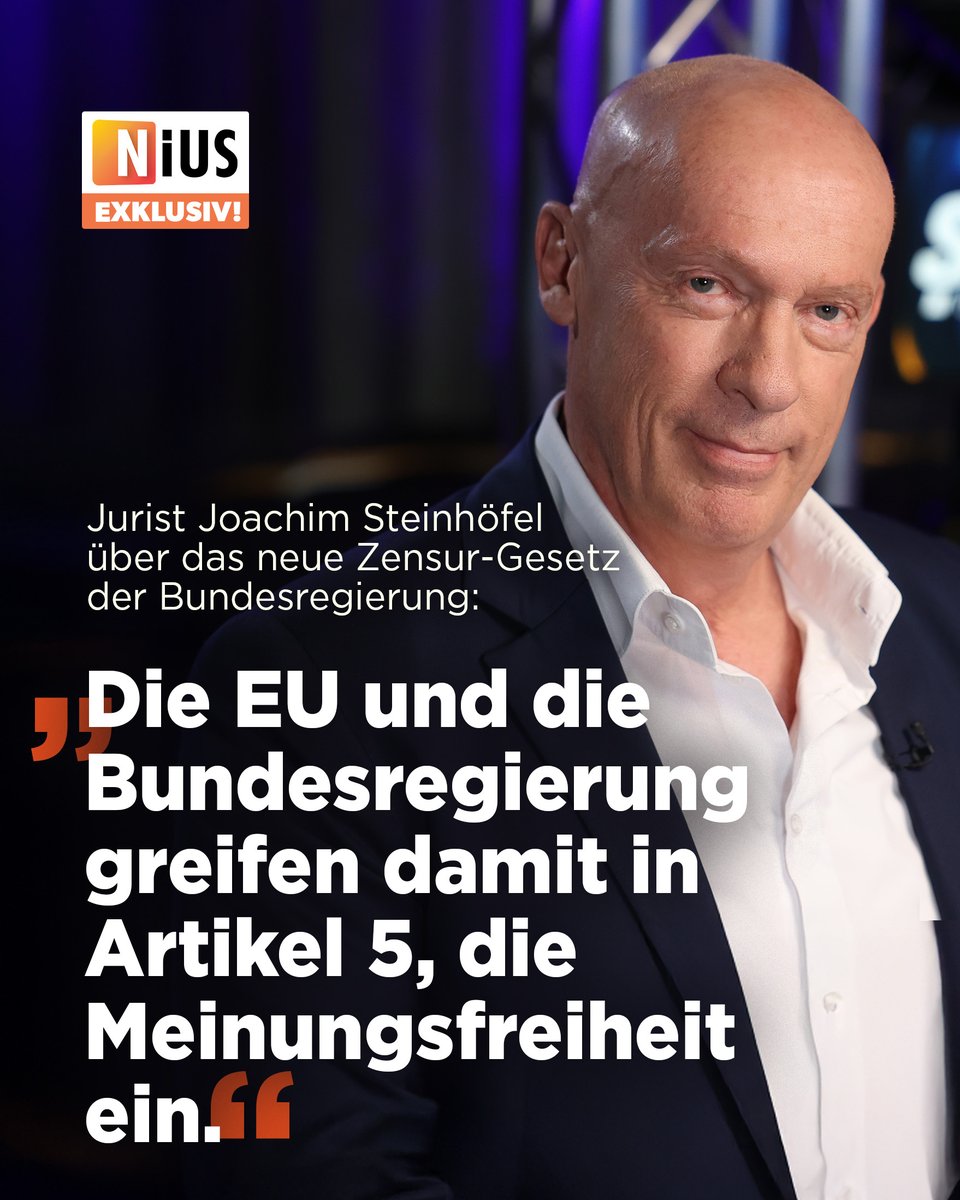 Der Jurist Joachim <a href="/Steinhoefel/">Steinhoefel</a> kritisiert das neue Zensur-Gesetz der Bundesregierung: „Die EU und die Bundesregierung greifen damit in Artikel 5, die Meinungsfreiheit, ein.“

Alle Details: nius.de/politik/news/d…
