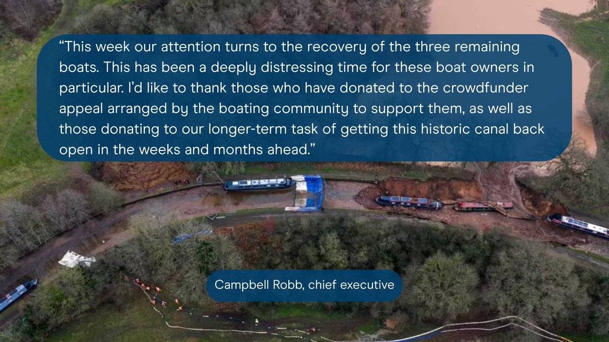 CRTBoating's tweet photo. Llangollen Canal breach - Update January 2026.
The incident has been highly distressing for the boat owners affected. This week, attention turns to recovering the three remaining boats: narrowboats Pacemaker, Sefton &amp; Ganymede.
Full story on our website 👇
https://t.co/xb0OIXIFXq https://t.co/c1two5rDR1